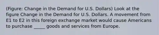 (Figure: Change in the Demand for U.S. Dollars) Look at the figure Change in the Demand for U.S. Dollars. A movement from E1 to E2 in this foreign exchange market would cause Americans to purchase _____ goods and services from Europe.