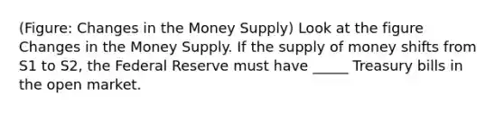 (Figure: Changes in the Money Supply) Look at the figure Changes in the Money Supply. If the supply of money shifts from S1 to S2, the Federal Reserve must have _____ Treasury bills in the open market.