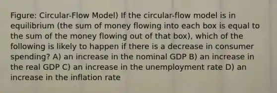 Figure: Circular-Flow Model) If the circular-flow model is in equilibrium (the sum of money flowing into each box is equal to the sum of the money flowing out of that box), which of the following is likely to happen if there is a decrease in consumer spending? A) an increase in the nominal GDP B) an increase in the real GDP C) an increase in the unemployment rate D) an increase in the inflation rate