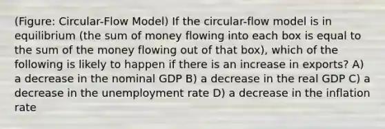 (Figure: Circular-Flow Model) If the circular-flow model is in equilibrium (the sum of money flowing into each box is equal to the sum of the money flowing out of that box), which of the following is likely to happen if there is an increase in exports? A) a decrease in the nominal GDP B) a decrease in the real GDP C) a decrease in the unemployment rate D) a decrease in the inflation rate