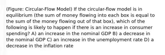 (Figure: Circular-Flow Model) If the circular-flow model is in equilibrium (the sum of money flowing into each box is equal to the sum of the money flowing out of that box), which of the following is likely to happen if there is an increase in consumer spending? A) an increase in the nominal GDP B) a decrease in the nominal GDP C) an increase in the unemployment rate D) a decrease in the inflation rate