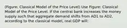 (Figure: Classical Model of the Price Level) Use Figure: Classical Model of the Price Level. If the central bank increases the money supply such that aggregate demand shifts from AD1 to AD2, according to the classical model, real GDP will: