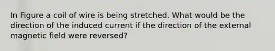 In Figure a coil of wire is being stretched. What would be the direction of the induced current if the direction of the external magnetic field were reversed?