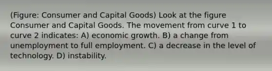 (Figure: Consumer and Capital Goods) Look at the figure Consumer and Capital Goods. The movement from curve 1 to curve 2 indicates: A) economic growth. B) a change from unemployment to full employment. C) a decrease in the level of technology. D) instability.