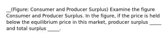 __(Figure: Consumer and Producer Surplus) Examine the figure Consumer and Producer Surplus. In the figure, if the price is held below the equilibrium price in this market, producer surplus _____ and total surplus _____.