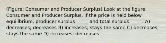 (Figure: Consumer and Producer Surplus) Look at the figure Consumer and Producer Surplus. If the price is held below equilibrium, producer surplus _____ and total surplus _____. A) decreases; decreases B) increases; stays the same C) decreases; stays the same D) increases; decreases