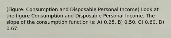 (Figure: Consumption and Disposable Personal Income) Look at the figure Consumption and Disposable Personal Income. The slope of the consumption function is: A) 0.25. B) 0.50. C) 0.60. D) 0.67.