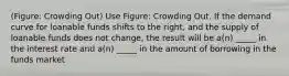 (Figure: Crowding Out) Use Figure: Crowding Out. If the demand curve for loanable funds shifts to the right, and the supply of loanable funds does not change, the result will be a(n) _____ in the interest rate and a(n) _____ in the amount of borrowing in the funds market