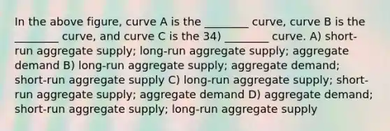 In the above figure, curve A is the ________ curve, curve B is the ________ curve, and curve C is the 34) ________ curve. A) short-run aggregate supply; long-run aggregate supply; aggregate demand B) long-run aggregate supply; aggregate demand; short-run aggregate supply C) long-run aggregate supply; short-run aggregate supply; aggregate demand D) aggregate demand; short-run aggregate supply; long-run aggregate supply