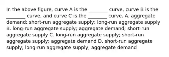 In the above figure, curve A is the ________ curve, curve B is the ________ curve, and curve C is the ________ curve. A. aggregate demand; short-run aggregate supply; long-run aggregate supply B. long-run aggregate supply; aggregate demand; short-run aggregate supply C. long-run aggregate supply; short-run aggregate supply; aggregate demand D. short-run aggregate supply; long-run aggregate supply; aggregate demand