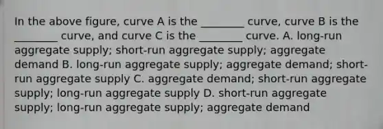 In the above figure, curve A is the ________ curve, curve B is the ________ curve, and curve C is the ________ curve. A. long-run aggregate supply; short-run aggregate supply; aggregate demand B. long-run aggregate supply; aggregate demand; short-run aggregate supply C. aggregate demand; short-run aggregate supply; long-run aggregate supply D. short-run aggregate supply; long-run aggregate supply; aggregate demand