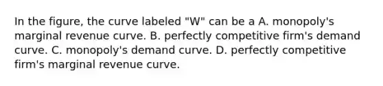 In the​ figure, the curve labeled ​"W​" can be a A. ​monopoly's marginal revenue curve. B. perfectly competitive​ firm's demand curve. C. ​monopoly's demand curve. D. perfectly competitive​ firm's marginal revenue curve.