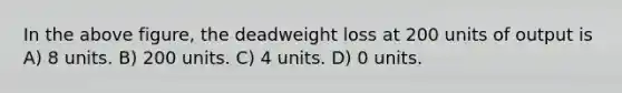 In the above figure, the deadweight loss at 200 units of output is A) 8 units. B) 200 units. C) 4 units. D) 0 units.