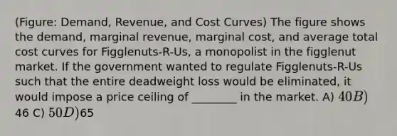 (Figure: Demand, Revenue, and Cost Curves) The figure shows the demand, marginal revenue, marginal cost, and average total cost curves for Figglenuts-R-Us, a monopolist in the figglenut market. If the government wanted to regulate Figglenuts-R-Us such that the entire deadweight loss would be eliminated, it would impose a price ceiling of ________ in the market. A) 40 B)46 C) 50 D)65