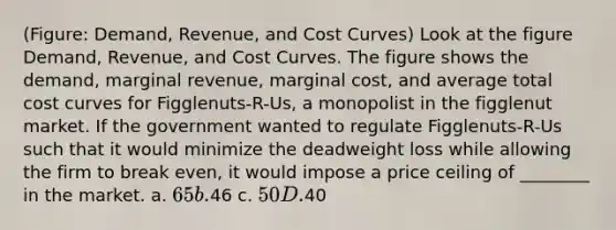 (Figure: Demand, Revenue, and Cost Curves) Look at the figure Demand, Revenue, and Cost Curves. The figure shows the demand, marginal revenue, marginal cost, and average total cost curves for Figglenuts-R-Us, a monopolist in the figglenut market. If the government wanted to regulate Figglenuts-R-Us such that it would minimize the deadweight loss while allowing the firm to break even, it would impose a price ceiling of ________ in the market. a. 65 b.46 c. 50 D.40