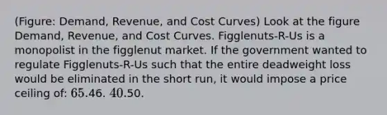 (Figure: Demand, Revenue, and Cost Curves) Look at the figure Demand, Revenue, and Cost Curves. Figglenuts-R-Us is a monopolist in the figglenut market. If the government wanted to regulate Figglenuts-R-Us such that the entire deadweight loss would be eliminated in the short run, it would impose a price ceiling of: 65.46. 40.50.