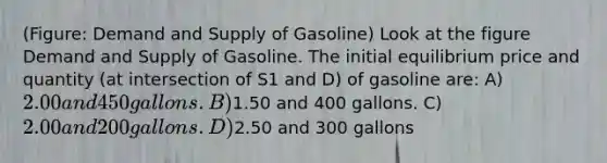 (Figure: Demand and Supply of Gasoline) Look at the figure Demand and Supply of Gasoline. The initial equilibrium price and quantity (at intersection of S1 and D) of gasoline are: A) 2.00 and 450 gallons. B)1.50 and 400 gallons. C) 2.00 and 200 gallons. D)2.50 and 300 gallons