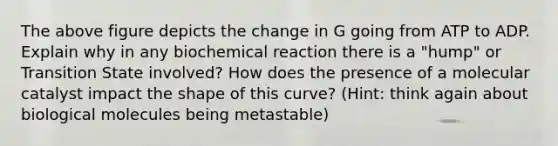 The above figure depicts the change in G going from ATP to ADP. Explain why in any biochemical reaction there is a "hump" or Transition State involved? How does the presence of a molecular catalyst impact the shape of this curve? (Hint: think again about biological molecules being metastable)