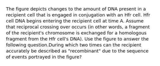 The figure depicts changes to the amount of DNA present in a recipient cell that is engaged in conjugation with an Hfr cell. Hfr cell DNA begins entering the recipient cell at time A. Assume that reciprocal crossing over occurs (in other words, a fragment of the recipient's chromosome is exchanged for a homologous fragment from the Hfr cell's DNA). Use the figure to answer the following question.During which two times can the recipient accurately be described as "recombinant" due to the sequence of events portrayed in the figure?