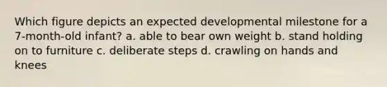 Which figure depicts an expected developmental milestone for a 7-month-old infant? a. able to bear own weight b. stand holding on to furniture c. deliberate steps d. crawling on hands and knees