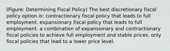 (Figure: Determining Fiscal Policy) The best discretionary fiscal policy option is: contractionary fiscal policy that leads to full employment. expansionary fiscal policy that leads to full employment. a combination of expansionary and contractionary fiscal policies to achieve full employment and stable prices. only fiscal policies that lead to a lower price level.