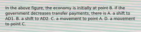 In the above​ figure, the economy is initially at point B. If the government decreases transfer​ payments, there is A. a shift to AD1. B. a shift to AD2. C. a movement to point A. D. a movement to point C.