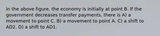 In the above figure, the economy is initially at point B. If the government decreases transfer payments, there is A) a movement to point C. B) a movement to point A. C) a shift to AD2. D) a shift to AD1.