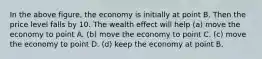 In the above figure, the economy is initially at point B. Then the price level falls by 10. The wealth effect will help (a) move the economy to point A. (b) move the economy to point C. (c) move the economy to point D. (d) keep the economy at point B.