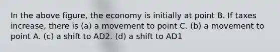 In the above figure, the economy is initially at point B. If taxes increase, there is (a) a movement to point C. (b) a movement to point A. (c) a shift to AD2. (d) a shift to AD1