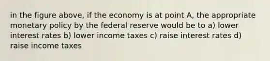 in the figure above, if the economy is at point A, the appropriate monetary policy by the federal reserve would be to a) lower interest rates b) lower income taxes c) raise interest rates d) raise income taxes