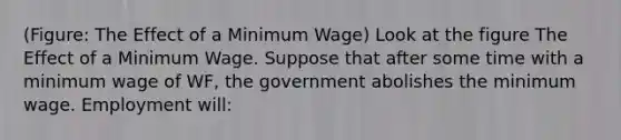 (Figure: The Effect of a Minimum Wage) Look at the figure The Effect of a Minimum Wage. Suppose that after some time with a minimum wage of WF, the government abolishes the minimum wage. Employment will: