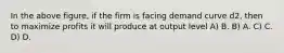 In the above figure, if the firm is facing demand curve d2, then to maximize profits it will produce at output level A) B. B) A. C) C. D) D.