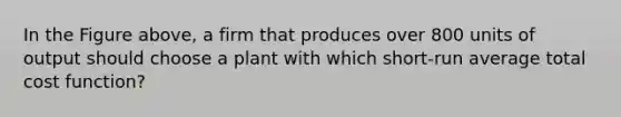 In the Figure above, a firm that produces over 800 units of output should choose a plant with which short-run average total cost function?