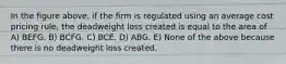 In the figure above, if the firm is regulated using an average cost pricing rule, the deadweight loss created is equal to the area of A) BEFG. B) BCFG. C) BCE. D) ABG. E) None of the above because there is no deadweight loss created.