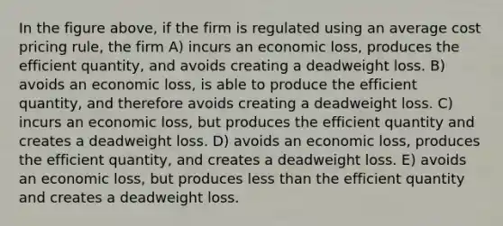 In the figure above, if the firm is regulated using an average cost pricing rule, the firm A) incurs an economic loss, produces the efficient quantity, and avoids creating a deadweight loss. B) avoids an economic loss, is able to produce the efficient quantity, and therefore avoids creating a deadweight loss. C) incurs an economic loss, but produces the efficient quantity and creates a deadweight loss. D) avoids an economic loss, produces the efficient quantity, and creates a deadweight loss. E) avoids an economic loss, but produces less than the efficient quantity and creates a deadweight loss.