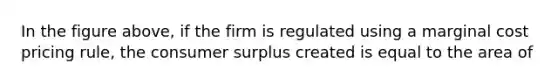 In the figure above, if the firm is regulated using a marginal cost pricing rule, the consumer surplus created is equal to the area of