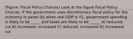 (Figure: Fiscal Policy Choices) Look at the figure Fiscal Policy Choices. If the government uses discretionary fiscal policy for the economy in panel (b) when real GDP is Y1, government spending is likely to be _____ and taxes are likely to be _____. A) reduced; cut B) increased; increased C) reduced; increased D) increased; cut