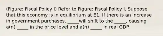 (Figure: Fiscal Policy I) Refer to Figure: Fiscal Policy I. Suppose that this economy is in equilibrium at E1. If there is an increase in government purchases, _____will shift to the _____, causing a(n) _____ in the price level and a(n) _____ in real GDP.