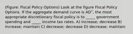 (Figure: Fiscal Policy Options) Look at the figure Fiscal Policy Options. If the aggregate demand curve is ADʺ, the most appropriate discretionary fiscal policy is to _____ government spending and _____ income tax rates. A) increase; decrease B) increase; maintain C) decrease; decrease D) decrease; maintain