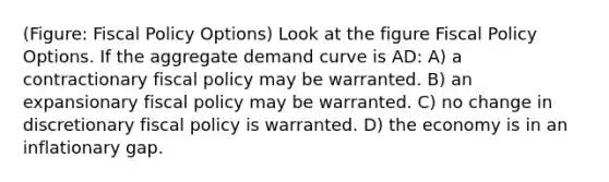 (Figure: Fiscal Policy Options) Look at the figure Fiscal Policy Options. If the aggregate demand curve is AD: A) a contractionary fiscal policy may be warranted. B) an expansionary fiscal policy may be warranted. C) no change in discretionary fiscal policy is warranted. D) the economy is in an inflationary gap.