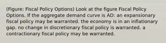 (Figure: Fiscal Policy Options) Look at the figure Fiscal Policy Options. If the aggregate demand curve is AD: an expansionary fiscal policy may be warranted. the economy is in an inflationary gap. no change in discretionary fiscal policy is warranted. a contractionary fiscal policy may be warranted.