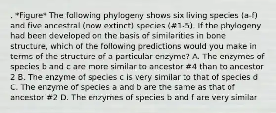 . *Figure* The following phylogeny shows six living species (a-f) and five ancestral (now extinct) species (#1-5). If the phylogeny had been developed on the basis of similarities in bone structure, which of the following predictions would you make in terms of the structure of a particular enzyme? A. The enzymes of species b and c are more similar to ancestor #4 than to ancestor 2 B. The enzyme of species c is very similar to that of species d C. The enzyme of species a and b are the same as that of ancestor #2 D. The enzymes of species b and f are very similar