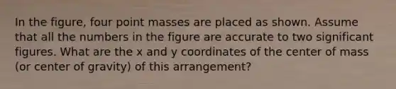 In the figure, four point masses are placed as shown. Assume that all the numbers in the figure are accurate to two significant figures. What are the x and y coordinates of the center of mass (or center of gravity) of this arrangement?