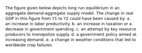 The figure given below depicts long run equilibrium in an aggregate demand-aggregate supply model. The change in real GDP in this figure from Y1 to Y2 could have been caused by: a. ​an increase in labor productivity. b. ​an increase in taxation or a decrease in government spending. c. ​an attempt by key resource producers to monopolize supply. d. ​a government policy aimed at increasing demand. e. ​a change in weather conditions that led to worldwide crop failures.