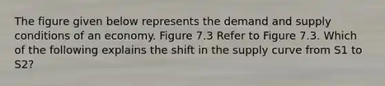 The figure given below represents the demand and supply conditions of an economy. Figure 7.3 Refer to Figure 7.3. Which of the following explains the shift in the supply curve from S1 to S2?