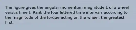 The figure gives the angular momentum magnitude L of a wheel versus time t. Rank the four lettered time intervals according to the magnitude of the torque acting on the wheel, the greatest first.