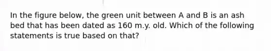 In the figure below, the green unit between A and B is an ash bed that has been dated as 160 m.y. old. Which of the following statements is true based on that?