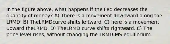 In the figure above, what happens if the Fed decreases the quantity of money? A) There is a movement downward along the LRMD. B) TheLRMDcurve shifts leftward. C) here is a movement upward theLRMD. D) TheLRMD curve shifts rightward. E) The price level rises, without changing the LRMD-MS equilibrium.