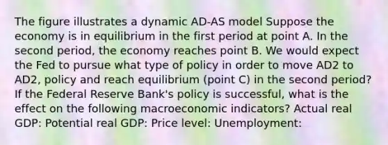 The figure illustrates a dynamic AD-AS model Suppose the economy is in equilibrium in the first period at point A. In the second​ period, the economy reaches point B. We would expect the Fed to pursue what type of policy in order to move AD2 to AD2, policy and reach equilibrium​ (point C) in the second​ period? If the Federal Reserve​ Bank's policy is​ successful, what is the effect on the following macroeconomic​ indicators? Actual real​ GDP: Potential real​ GDP: Price​ level: ​Unemployment: