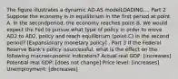 The figure illustrates a dynamic AD-AS modelLOADING.... Part 2 Suppose the economy is in equilibrium in the first period at point A. In the second​period, the economy reaches point B. We would expect the Fed to pursue what type of policy in order to move AD2 to AD2, policy and reach equilibrium​ (point C) in the second​ period? [Expansionary monetary policy] . Part 3 If the Federal Reserve​ Bank's policy is​successful, what is the effect on the following macroeconomic​ indicators? Actual real​ GDP: [increases] Potential real​ GDP: [does not change] Price​ level: [increases] ​Unemployment: [decreases]